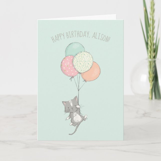 Sweet Grey Cat with Balloons Personalised Birthday Holiday Card (Front)