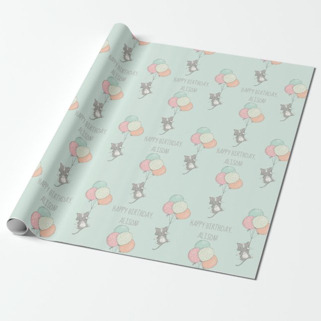 Sweet Grey Cat with Balloons Personalised Birthday Wrapping Paper (Unrolled)