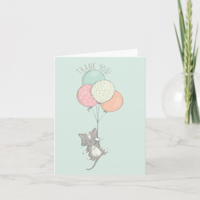 Sweet Grey Cat with Balloons Thank You Card (Front)