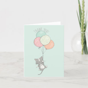 Sweet Grey Cat with Balloons Thank You Card