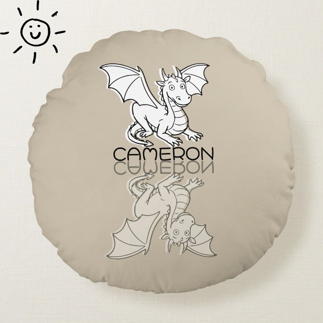 Sweet Grey Dragon Reflection Doodle Custom Name Round Cushion (Creator Uploaded)