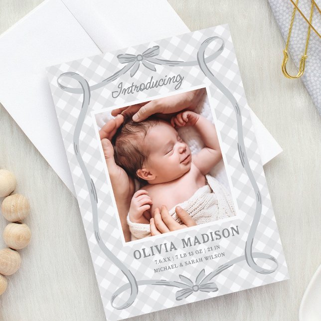 Sweet Grey Gingham Ribbon Bow Birth Announcement (Creator Uploaded)