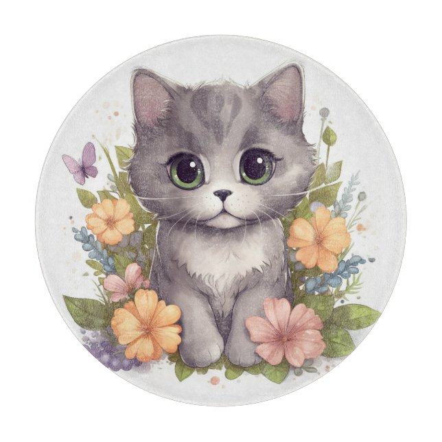 Sweet Grey Kitten with Flowers Kawaii Chibi Cutting Board (Front)