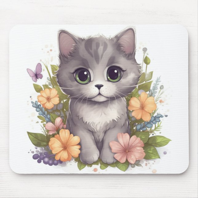 Sweet Grey Kitten with Flowers Kawaii Chibi Mouse Mat (Front)