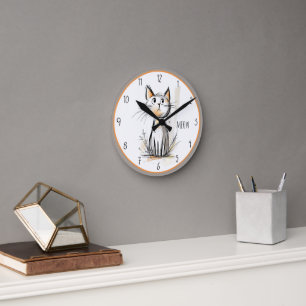Sweet Grey & Orange Cat Illustration Round Clock