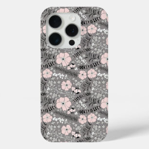 Sweet Grey Pink White Whimsical Pattern Flowers iPhone 15 Pro Case