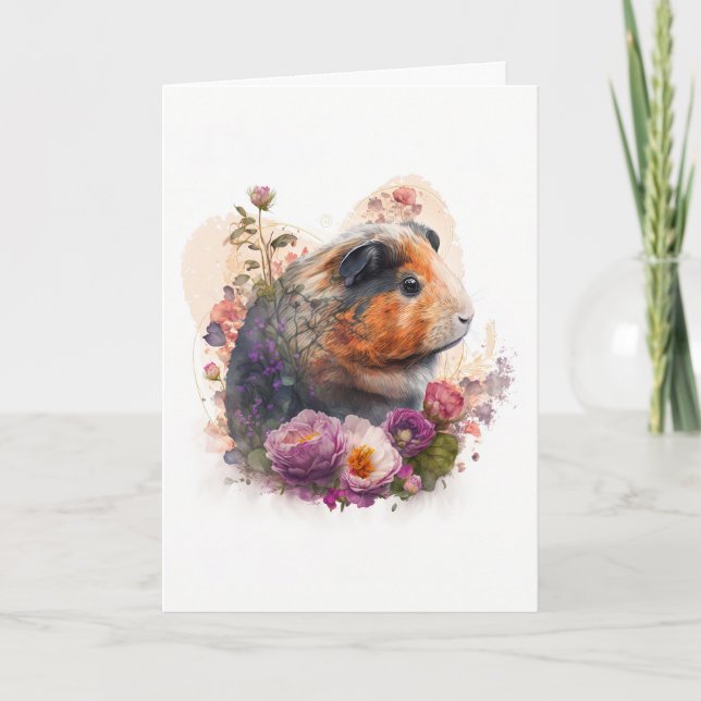 Sweet Guinea Pig in Purple Flowers Valentine's Day Holiday Card (Front)