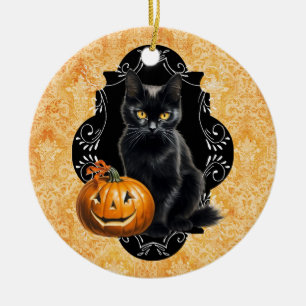 Sweet Halloween Black Cat and Pumpkin Ceramic Tree Decoration