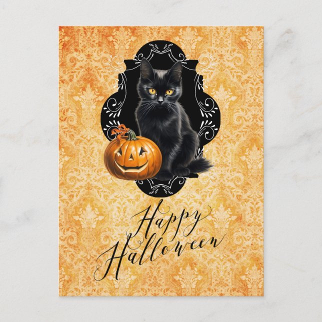 Sweet Halloween Black Cat and Pumpkin Postcard (Front)