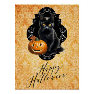 Sweet Halloween Black Cat and Pumpkin Poster