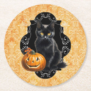Sweet Halloween Black Cat and Pumpkin Round Paper Coaster