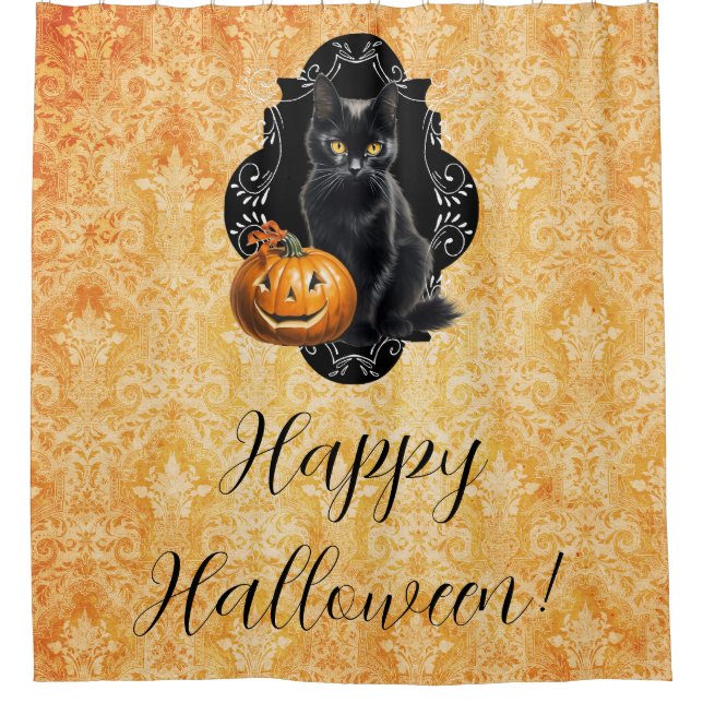 Sweet Halloween Black Cat and Pumpkin Shower Curtain (Front)