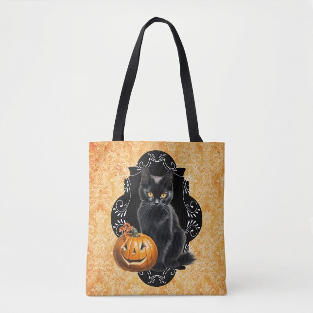 Sweet Halloween Black Cat and Pumpkin Tote Bag (Front)