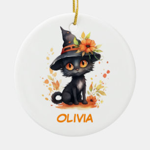Sweet Halloween Cat Custom Name Ceramic Tree Decoration