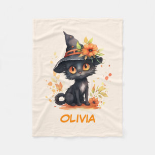 Sweet Halloween Cat Custom Name Fleece Blanket