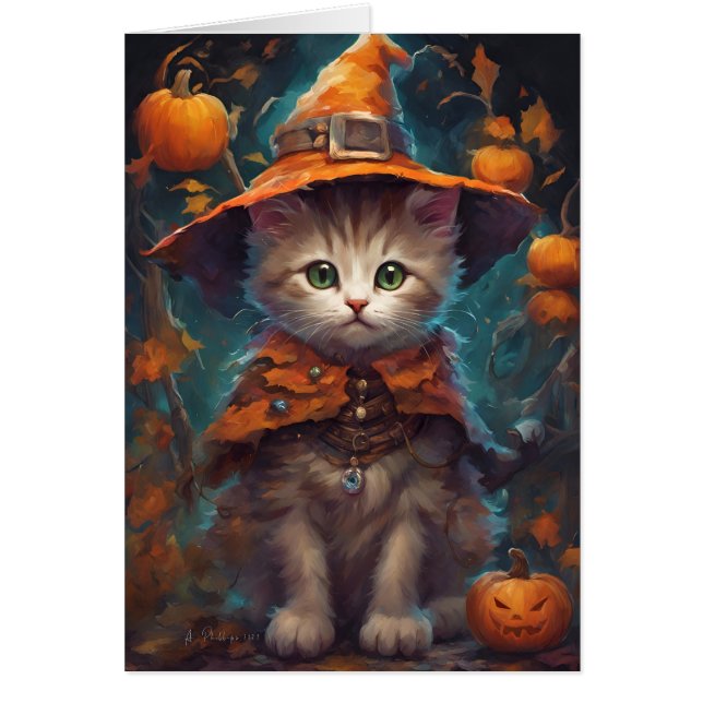 Sweet Halloween Kitten Witch Card (Front)