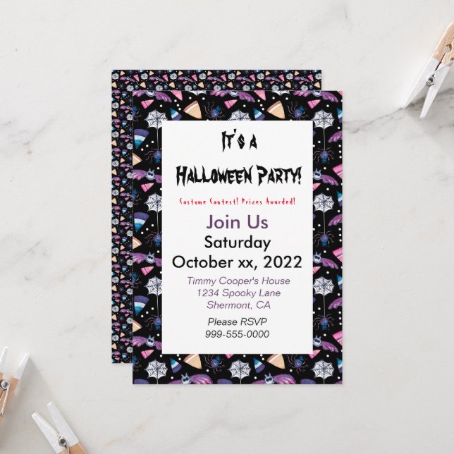 Sweet Halloween on Black Customised Invitation (Front/Back In Situ)