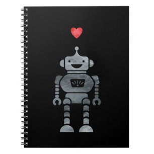 Sweet, Happy Robot with Little Red Heart Notebook
