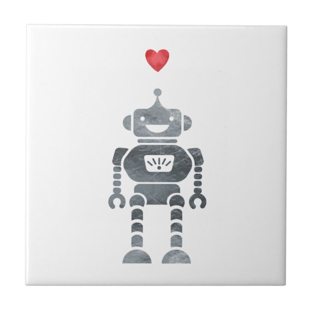 Sweet, Happy Robot with Little Red Heart Tile (Front)