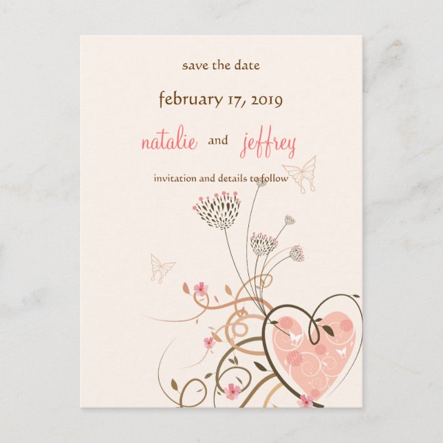 Sweet Heart & Butterfly Swirls Save The Date Card (Front)