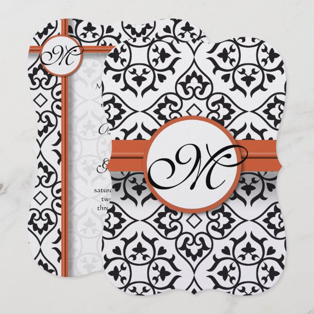 Sweet Heart Damask Side Border Coral Trim Wedding Invitation (Front/Back)