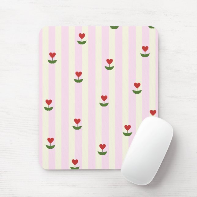 Sweet Heart Flower Pattern – Soft Pink Striped  Mouse Mat (With Mouse)