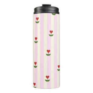 Sweet Heart Flower Pattern – Soft Pink Striped  Thermal Tumbler
