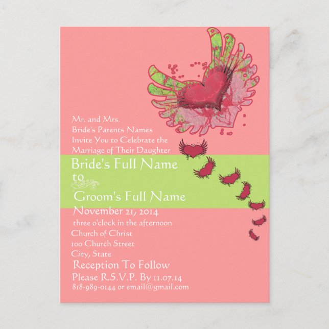 Sweet Heart Raspberry & Lime Wedding Invitation Postcard (Front)