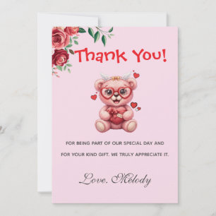 Sweet Heart Teddy Bear Pink Baby Shower Thank You Card
