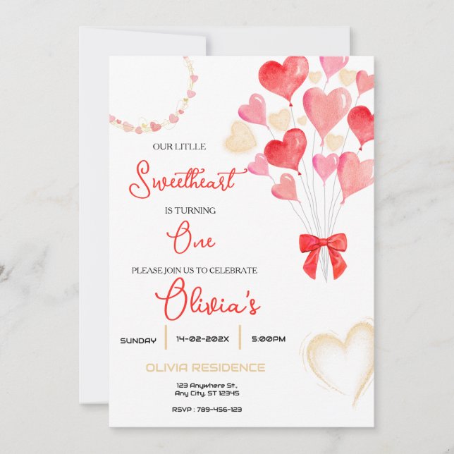 Sweet heart Valentine First Birthday Party Invitation (Front)