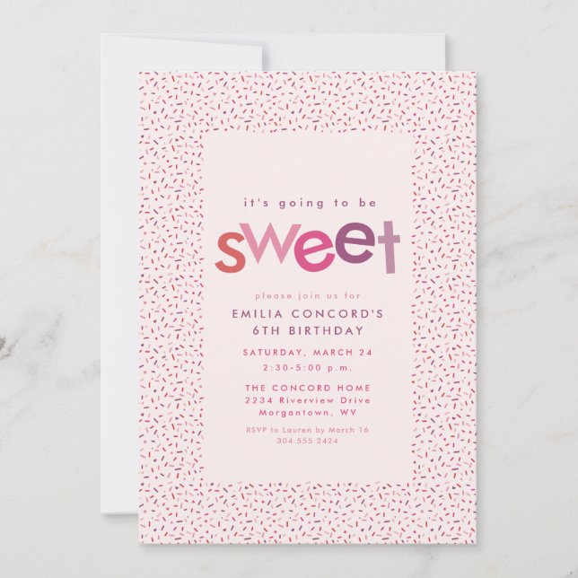 Sweet hearts and sprinkles pink birthday party announcement (Front)