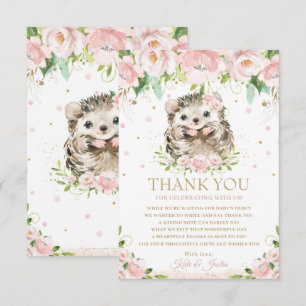 Sweet Hedgehog Blush Pink Floral Baby Shower  Thank You Card