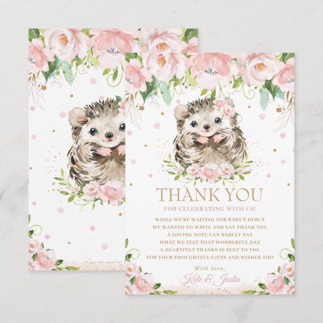 Sweet Hedgehog Blush Pink Floral Baby Shower  Thank You Card (Front/Back)