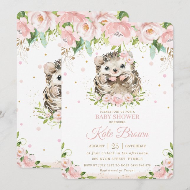 Sweet Hedgehog Blush Pink Floral Gold Baby Shower Invitation (Front/Back)