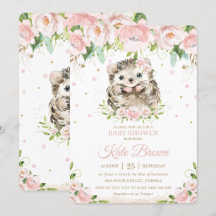 Sweet Hedgehog Blush Pink Floral Gold Baby Shower Invitation