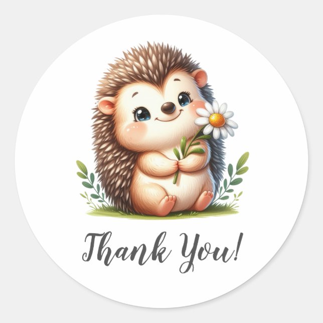 Sweet Hedgehog Holding Flowers Thank You Classic Round Sticker (Front)
