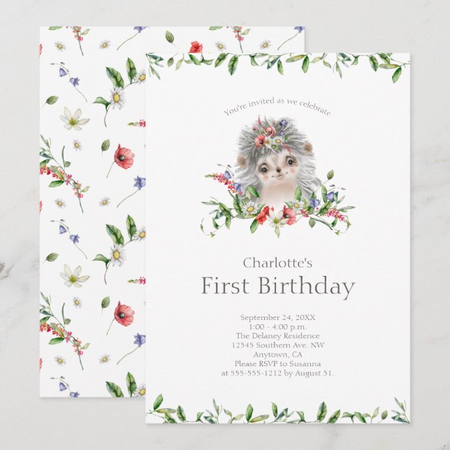 Sweet Hedgehog Watercolor Floral First Birthday Invitation (Front/Back)