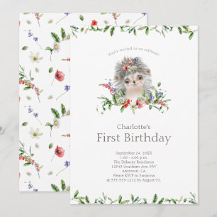 Sweet Hedgehog Watercolor Floral First Birthday Invitation