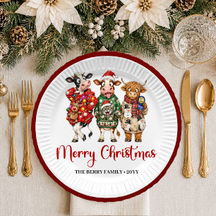 Sweet Holiday quirky cow watercolor christmas pape Paper Plate