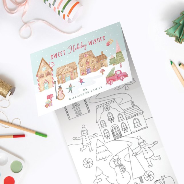Sweet Holiday Wishes Gingerbread Town Fun Colourin Tri-Fold Holiday Card (Creator Uploaded)