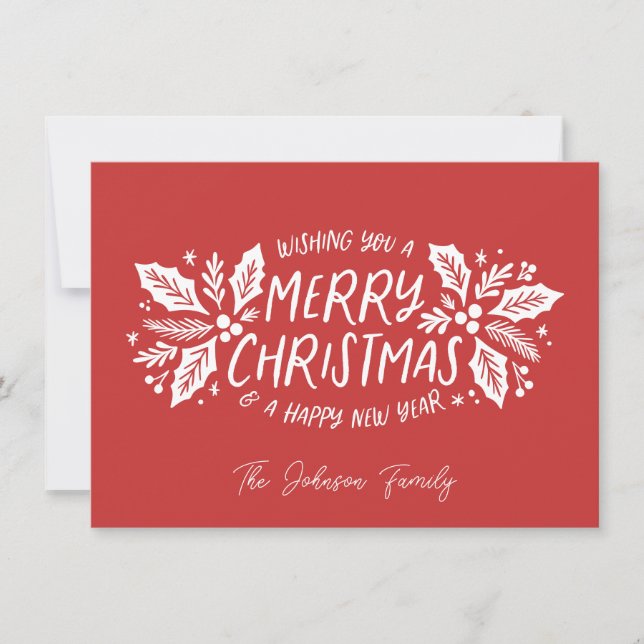 Sweet Holly Greenery Christmas Red Holiday Card (Front)