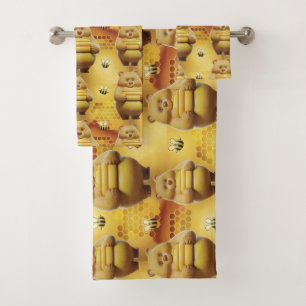 Sweet Honey Bears and Bees 3D Seamless Pattern Bath Towel Set