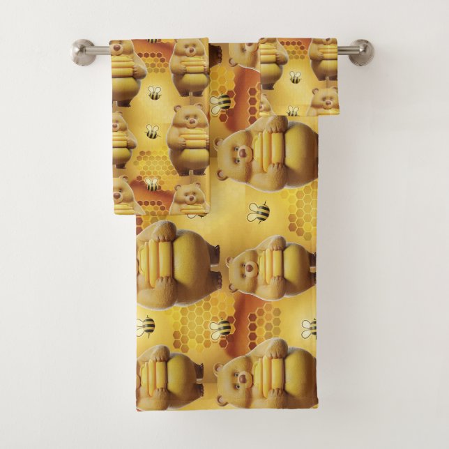 Sweet Honey Bears and Bees 3D Seamless Pattern Bath Towel Set (Insitu)