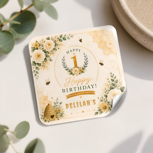 Sweet Honey Bee Birthday Square Sticker (Creator Uploaded)
