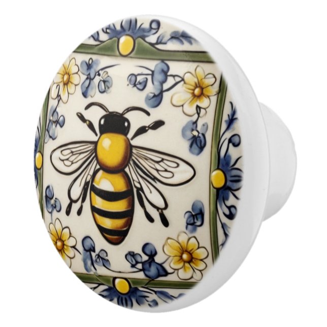 Sweet Honey Bee Blue Yellow & Green Mediterranean Ceramic Knob (Right)
