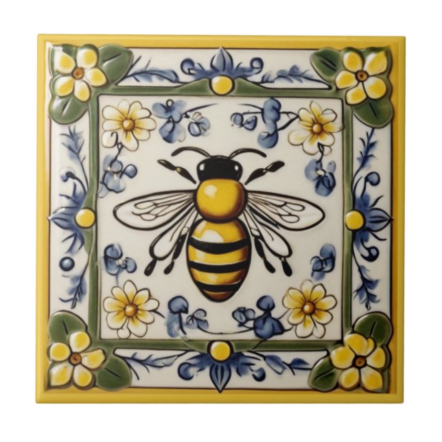 Sweet Honey Bee Blue Yellow & Green Mediterranean Tile (Front)