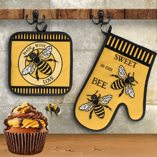 Sweet Honey Bee Ochre Black Oven Mitt & Pot Holder Set
