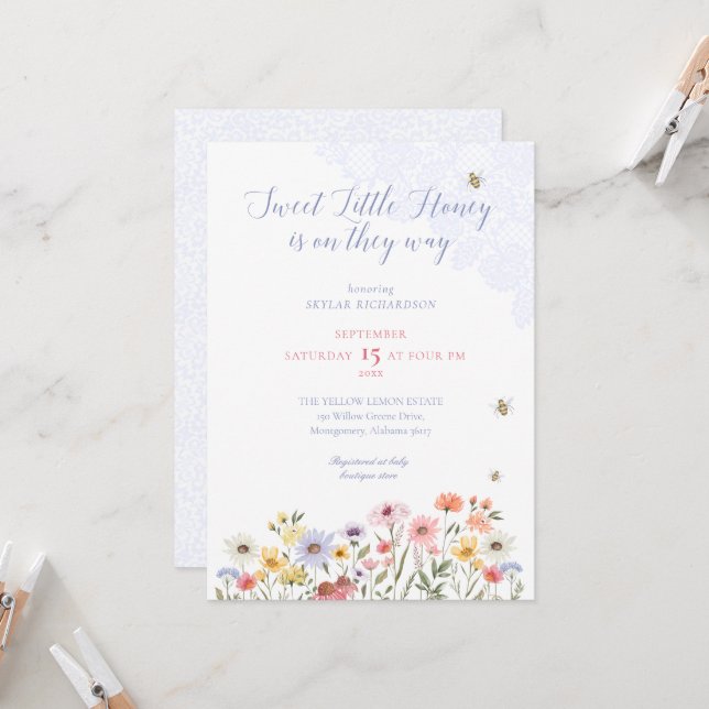 Sweet Honey Bee Wildflowers & Lace Baby Shower Invitation (Front/Back In Situ)