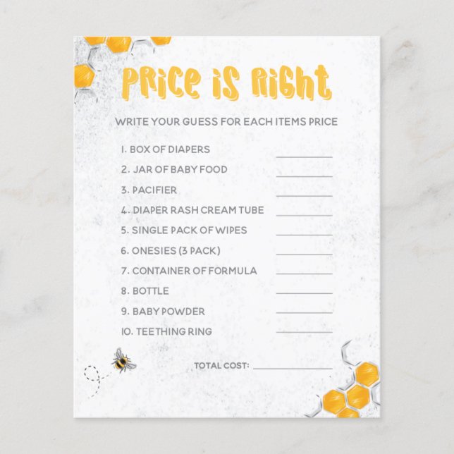 Sweet Honey Bee Yellow Baby Shower Game (Front)