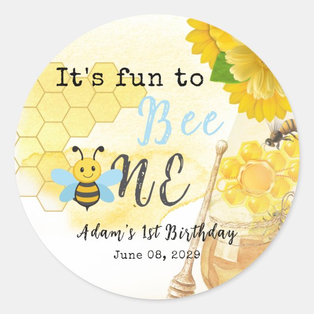 Sweet Honey Blue Yellow Green Bee 1st Birthday Classic Round Sticker (Front)